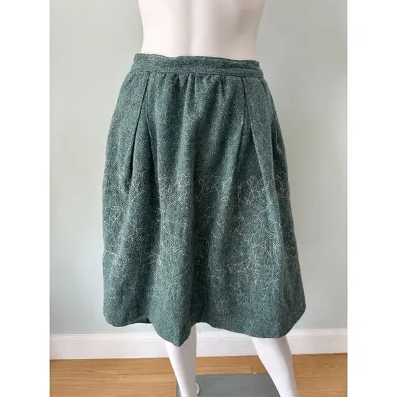 Vintage Green Wool Blend Skirt Pleated Midi Metallic Floral Embroidered size 10 - Picture 4 of 8